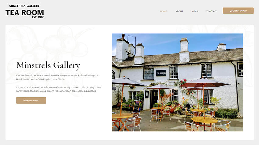 Website designed in Cumbria by Carlisle based Iosys for Minstrels Gallery Tearooms, Traditional teamrooms siutated in Hawkshead