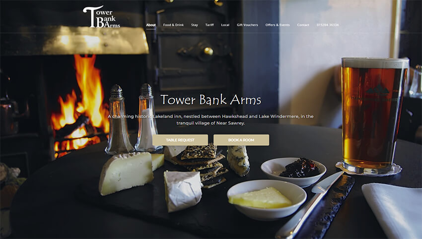 Website designed in Cumbria by Carlisle based Iosys for Tower Bank Arms, A charming historic Lakeland inn within the tranquil village of Near Sawrey.